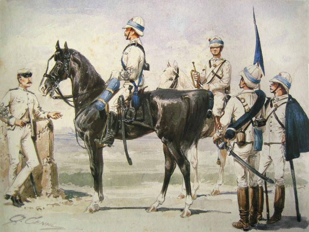 In 1885 in East Africa, the illustration depicts the Savoia Cavalleria cavalry regiment