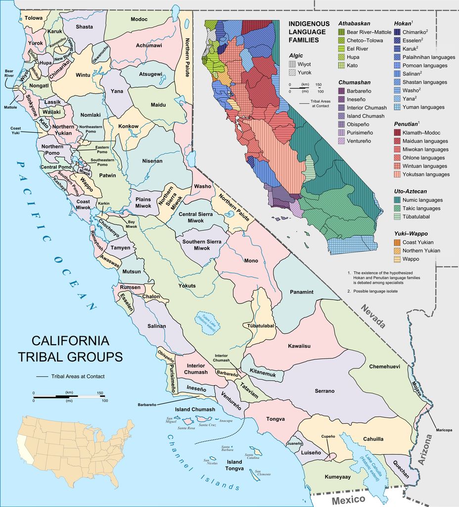 Indigenous ethnic and (inset) linguistic groups of California prior to European arrival