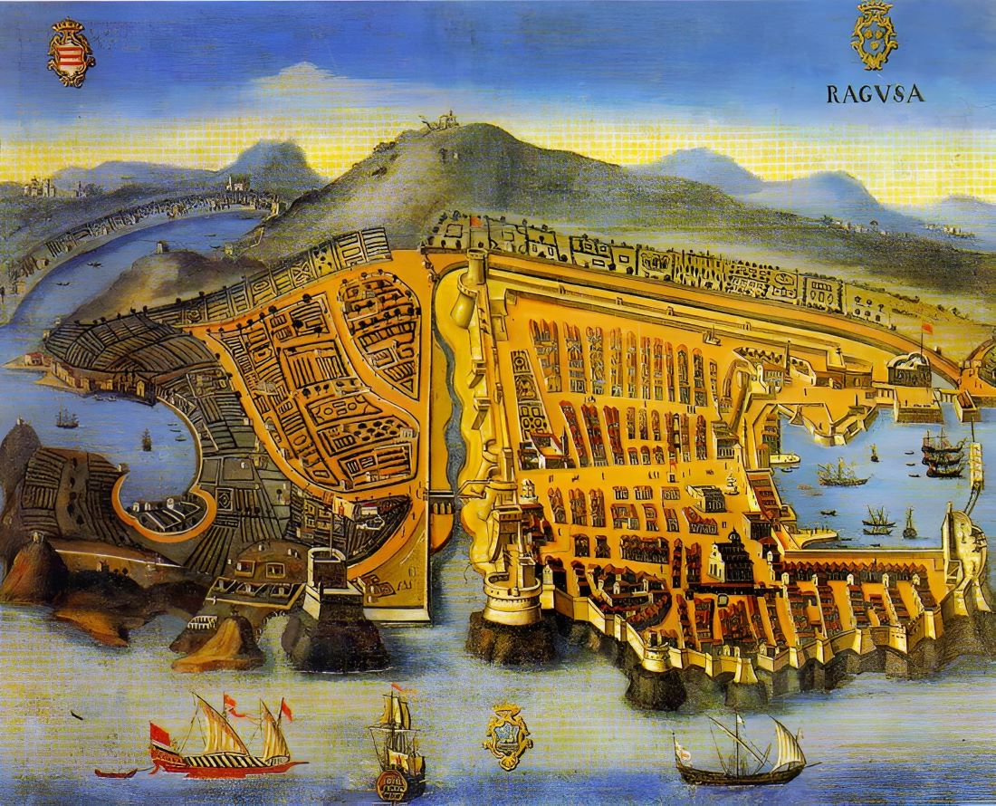 The illustration depicts Dubrovnik before the earthquake of 1667.