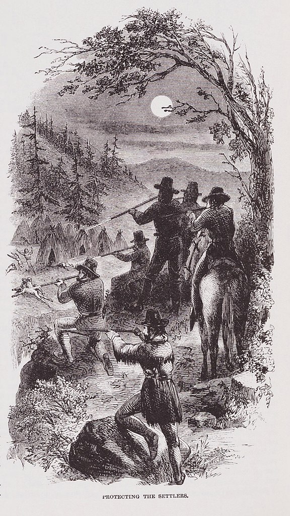 Protecting The Settlers Illustration by JR Browne for his work The Indians Of California 1864. Portraying a massacre by militia men of an Indian camp