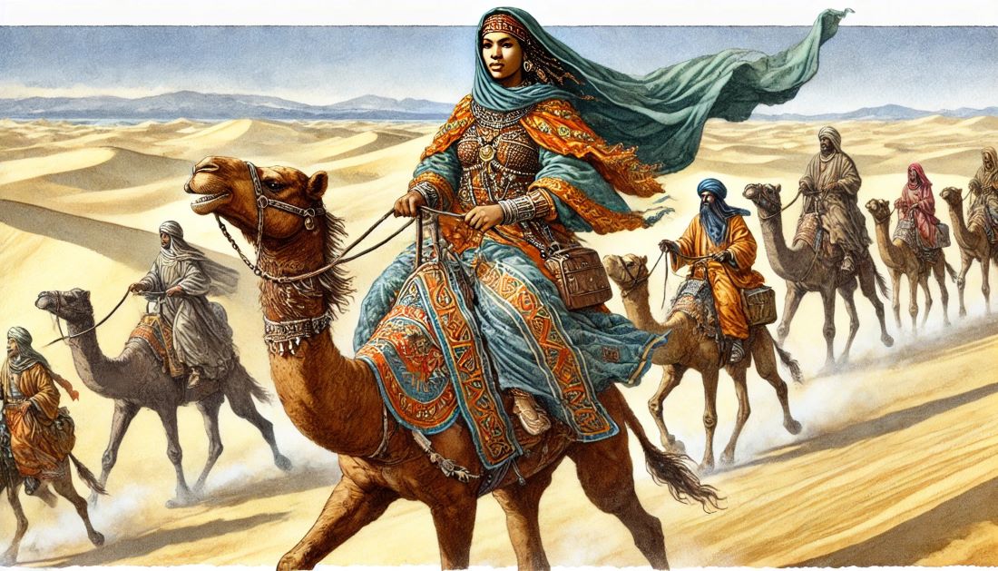 An artistic depiction of Tin Hinan leading her people through the Sahara Desert in the 4th century AD, embodying the strength and wisdom of the legendary queen as she guides her caravan across the vast dunes.