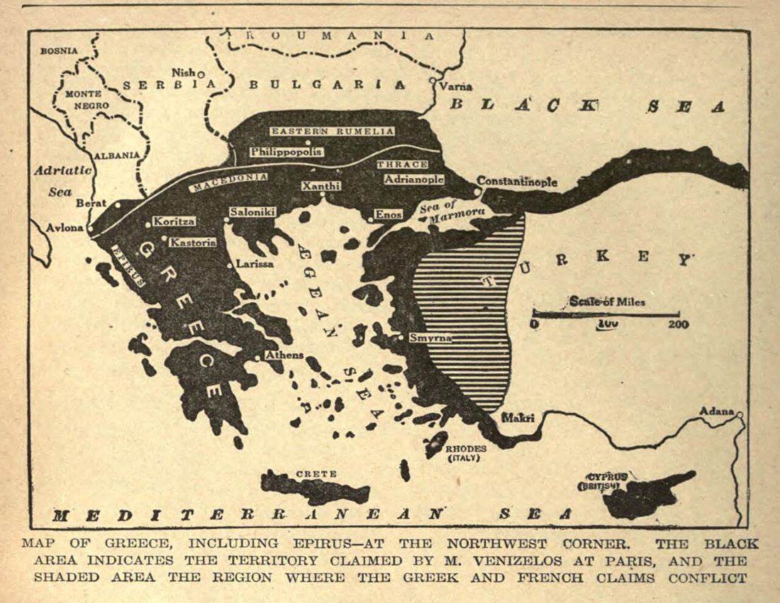 Map showing Greek ambitions at the Paris Peace Conference after World War I, 1919