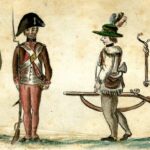 1781 watercolor drawing of American soldiers from the Yorktown campaign, showing a Black infantryman from the 1st Rhode Island Regiment on the far left