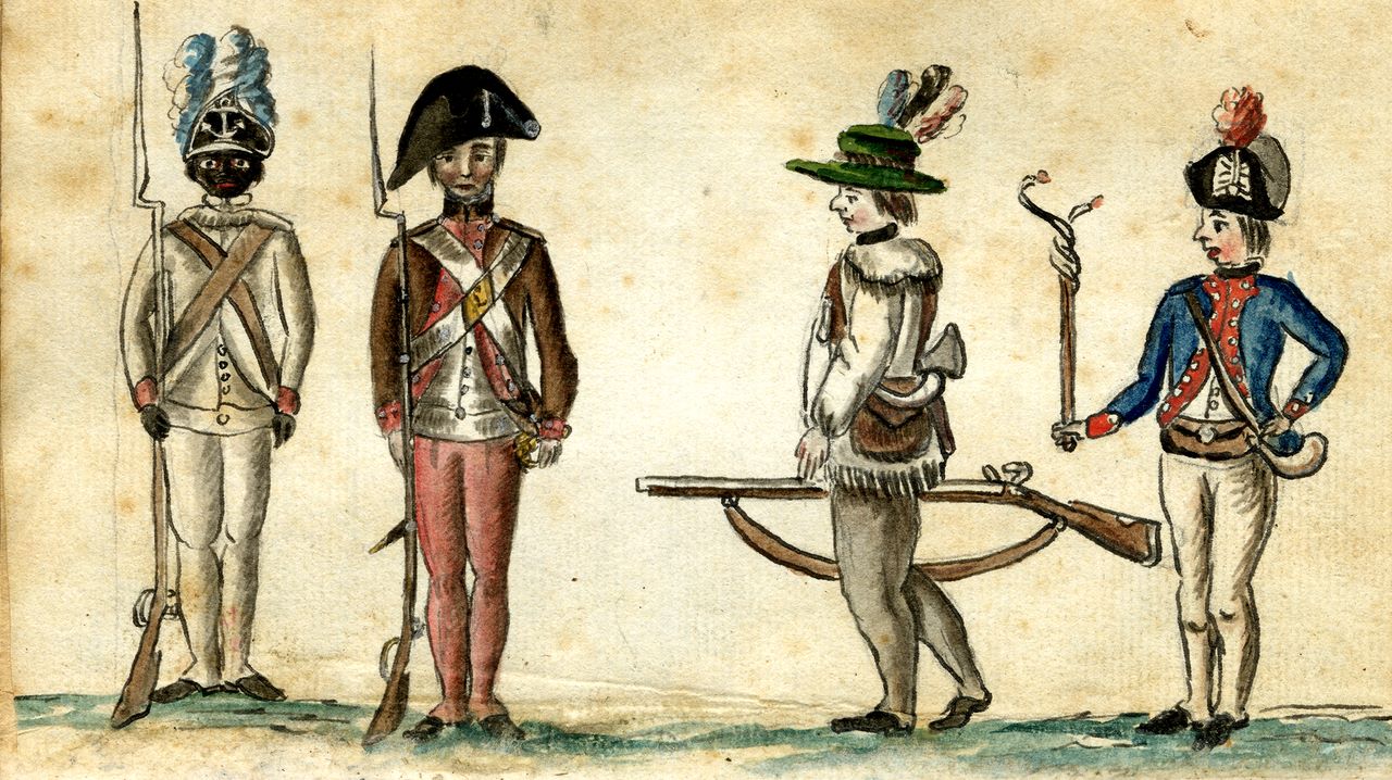1781 watercolor drawing of American soldiers from the Yorktown campaign, showing a Black infantryman from the 1st Rhode Island Regiment on the far left