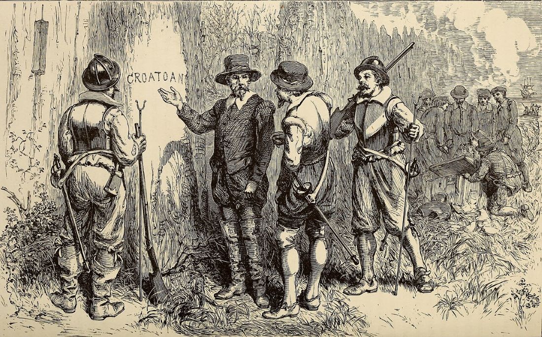 19th-century illustration depicting the discovery of the abandoned colony, 1590