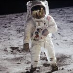 The image of astronaut Neil Armstrong photographing astronaut Aldrin is clearly seen in the reflections on the helmet visor of astronaut Aldrin