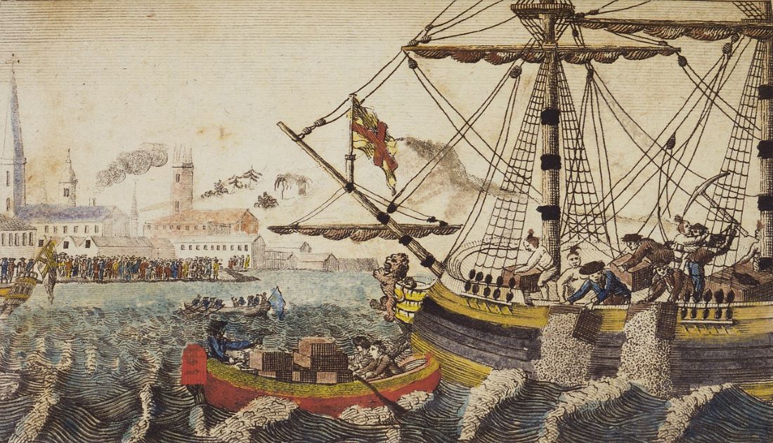 Boston Tea Party, an engraving in The History of North America, a 1799 book by William Cooper