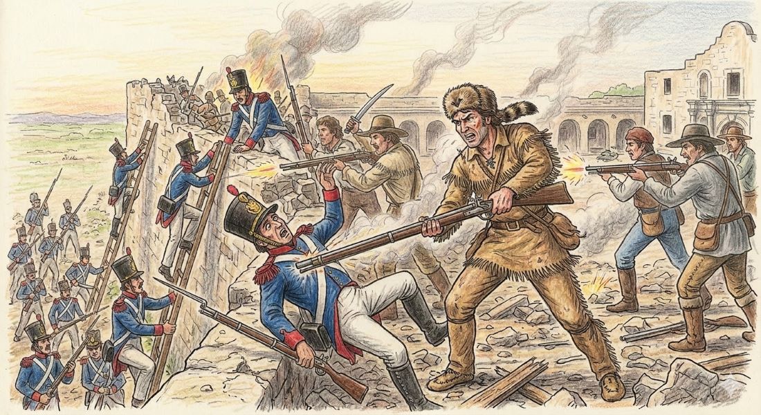 Dramatic historical illustration depicting the final assault.