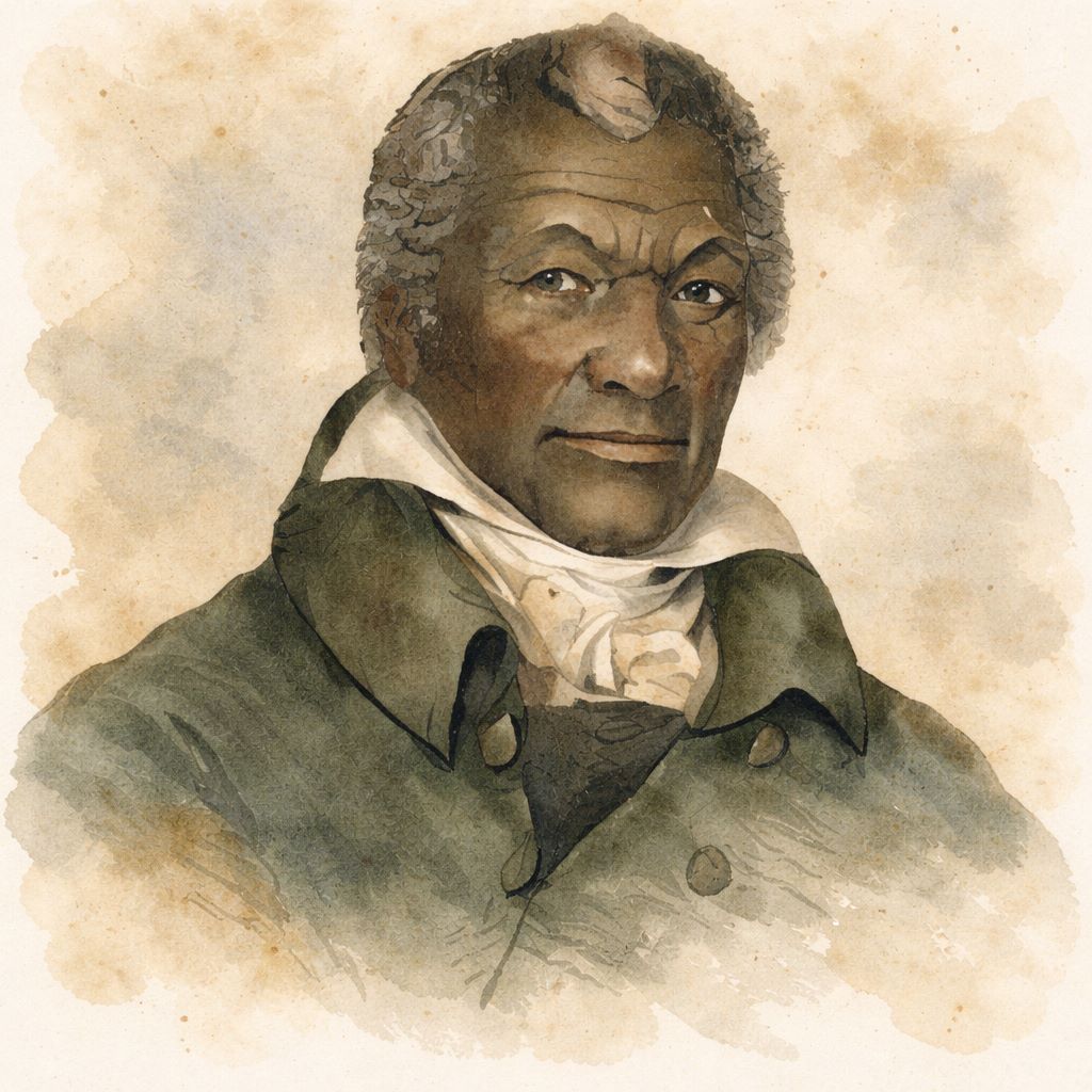 Engraved portrait of James Armistead Lafayette (c. 1759–1830), after the painting by John B. Martin, ca. 1824. This version is a digital watercolor-style reconstruction generated using AI, based on the original engraved