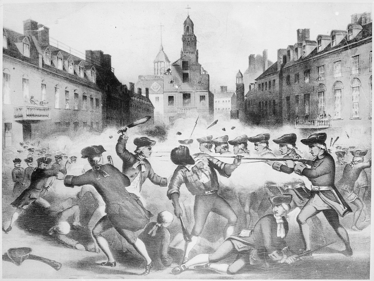 Engraving of Crispus Attucks being shot during the Boston Massacre. John Bufford after William L. Champey, c. 1856