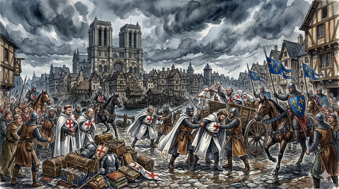 Knights Templar (White Mantles with Red Cross) Being arrested, bound, and subdued by royal soldiers.