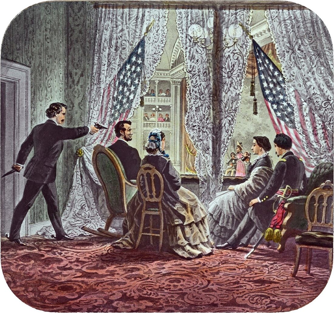 An illustration of Lincoln's assassination on April 14, 1865, in the presidential booth at Ford's Theatre, featuring (left to right): assassin John Wilkes Booth, Abraham Lincoln, Mary Todd Lincoln, Clara Harris, and Henry Rathbone