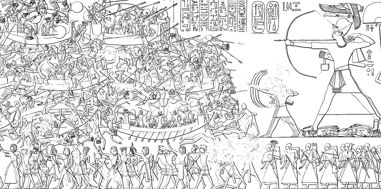Sea Peoples in their ships during the battle with the Egyptians. Relief from the mortuary temple of Ramesses III at Medinet Habu
