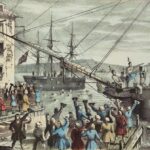 The Destruction of Tea at Boston Harbor, an iconic 1846 lithograph by Nathaniel Currier; the phrase "Boston Tea Party" had not yet become standard. Contrary to Currier's depiction, few of the men dumping the tea were actually disguised as Native Americans.