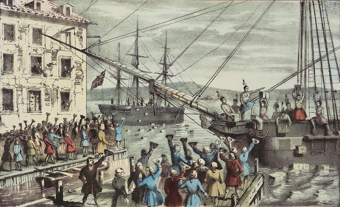 The Destruction of Tea at Boston Harbor, an iconic 1846 lithograph by Nathaniel Currier; the phrase "Boston Tea Party" had not yet become standard. Contrary to Currier's depiction, few of the men dumping the tea were actually disguised as Native Americans.