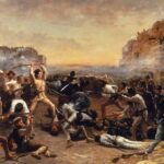 The Fall of the Alamo (1903) by Robert Jenkins Onderdonk, depicts Davy Crockett wielding his rifle as a club against Mexican troops who have breached the walls of the mission.
