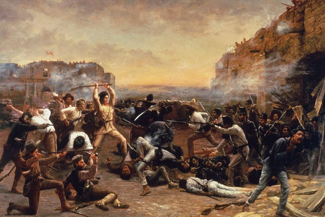 The Fall of the Alamo (1903) by Robert Jenkins Onderdonk, depicts Davy Crockett wielding his rifle as a club against Mexican troops who have breached the walls of the mission.