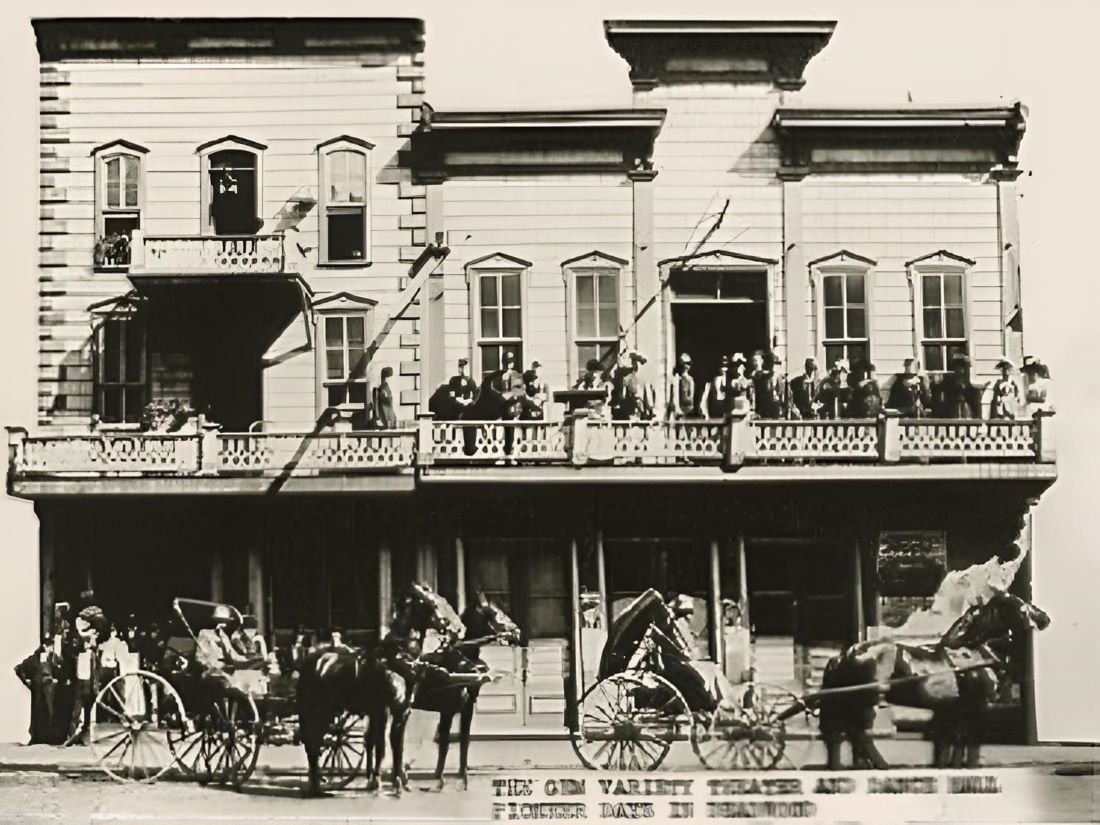 The Gem Theater circa 1878. The man in the buggy on the left is thought to be Swearengen