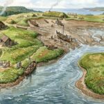 This artwork is a watercolor-style AI reconstruction of a Viking settlement in North America, based on the historical L'Anse aux Meadows site.
