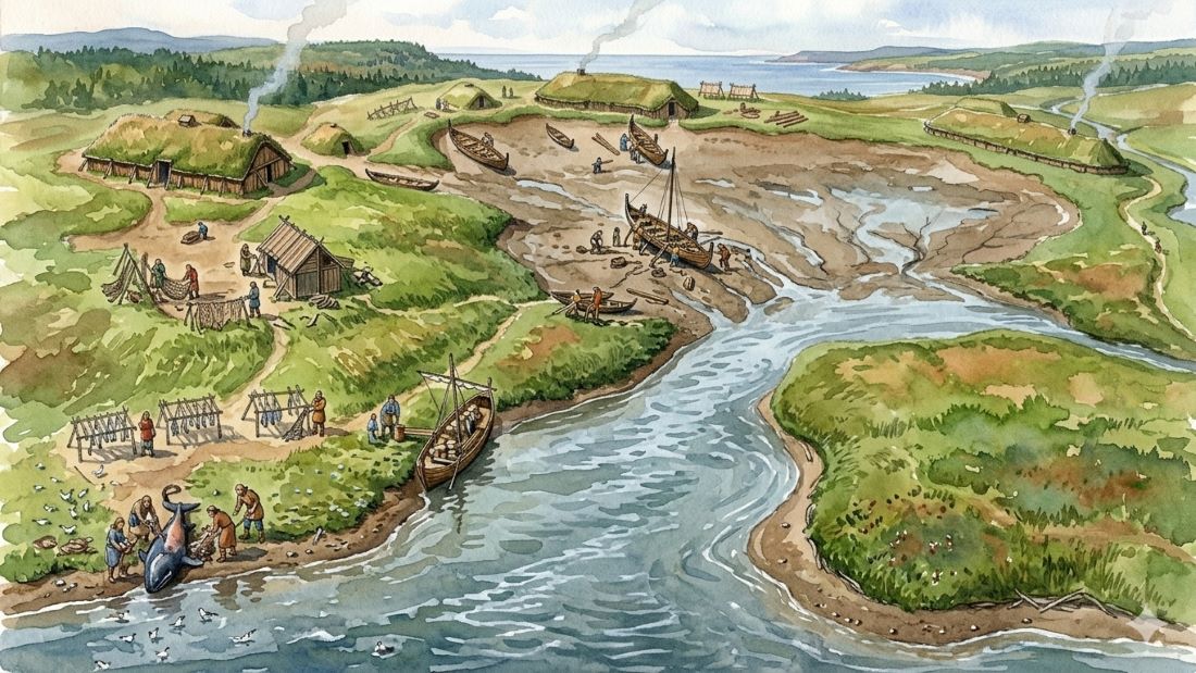This artwork is a watercolor-style AI reconstruction of a Viking settlement in North America, based on the historical L'Anse aux Meadows site.
