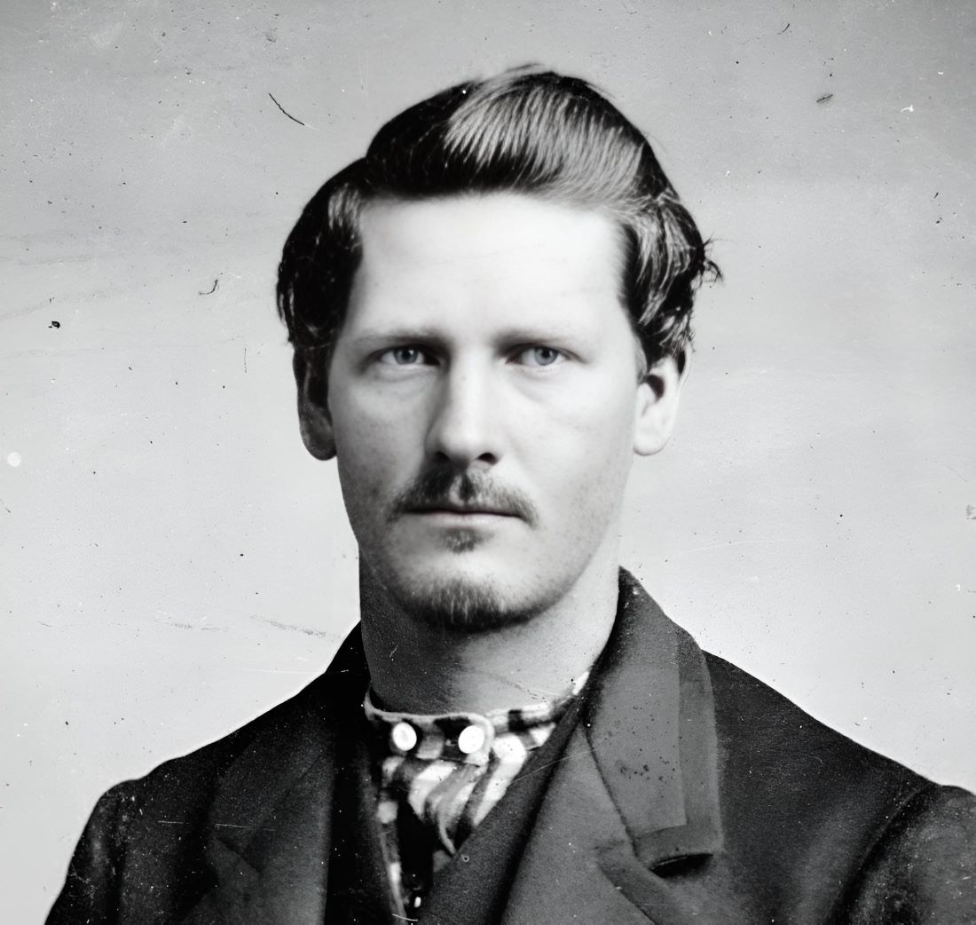 Wyatt Earp, age 21 in 1869 or 1870, while married to Urilla Sutherland; taken in Lamar, Missouri