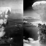 Atomic bomb mushroom clouds over Hiroshima - left and Nagasaki - right