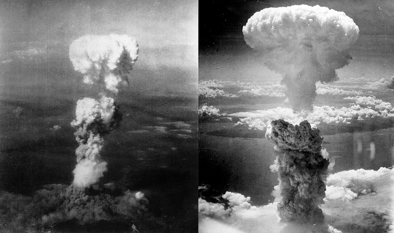 Atomic bomb mushroom clouds over Hiroshima - left and Nagasaki - right