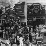 Crowd at New York's American Union Bank during a bank run early in the Great Depression