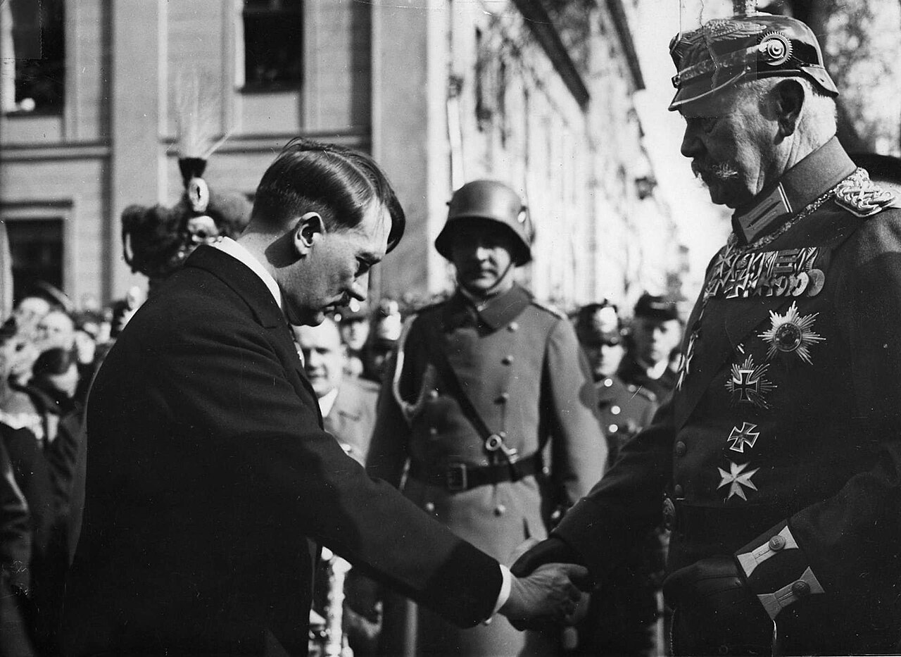 Hitler and Paul von Hindenburg shaking hands on the Day of Potsdam, 21 March 1933