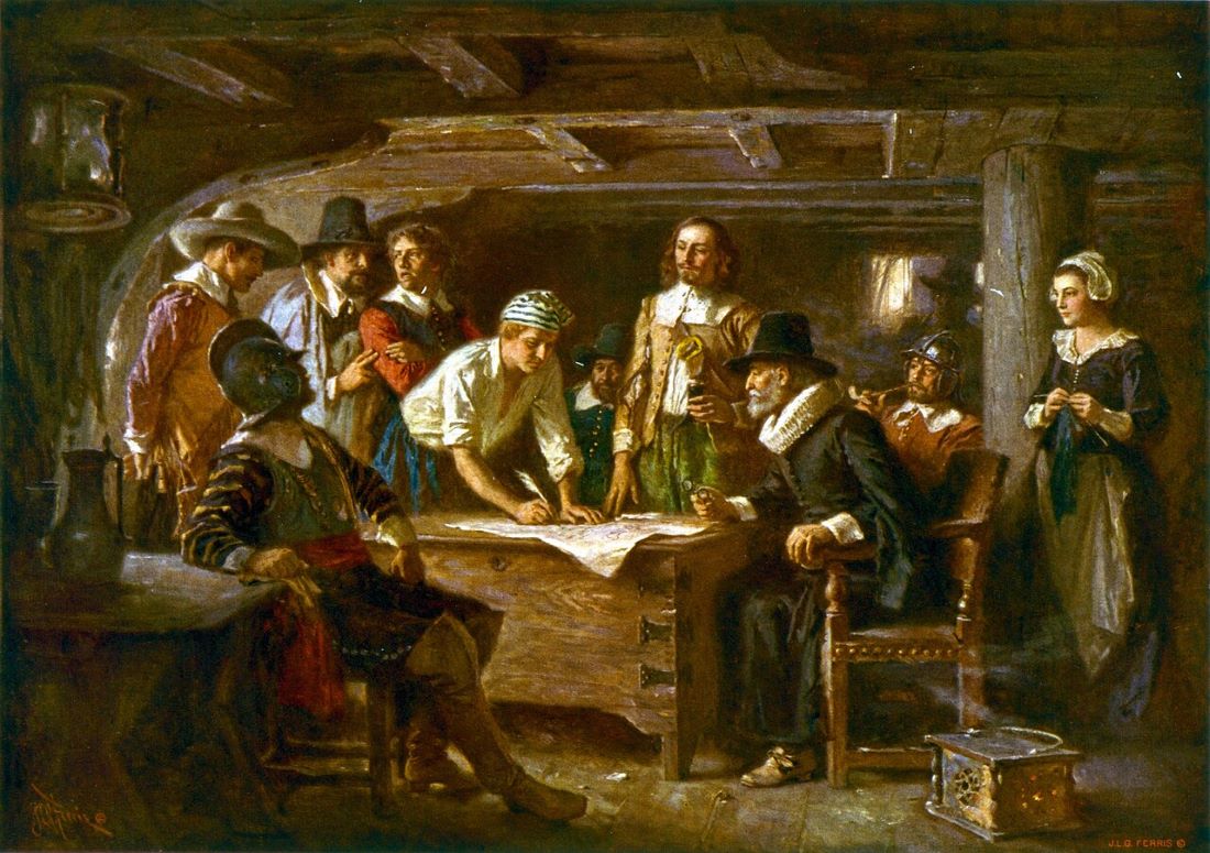 Signing the Mayflower Compact 1620, a painting by Jean Leon Gerome Ferris from 1899