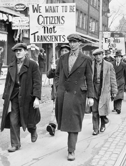 Unemployed men march in Toronto.