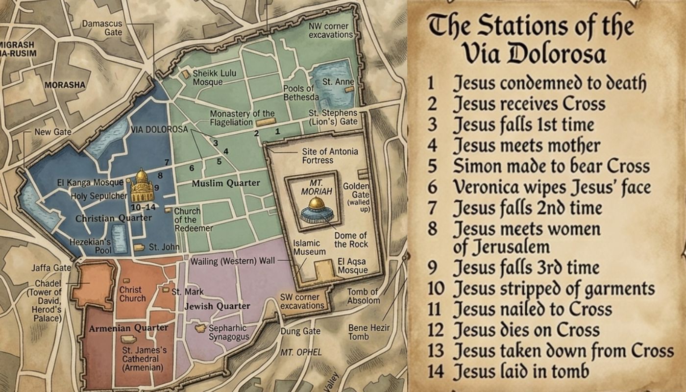 Via Dolorosa - Map adapted from the Historical Atlas of the Holy Lands by Karen Farrington.