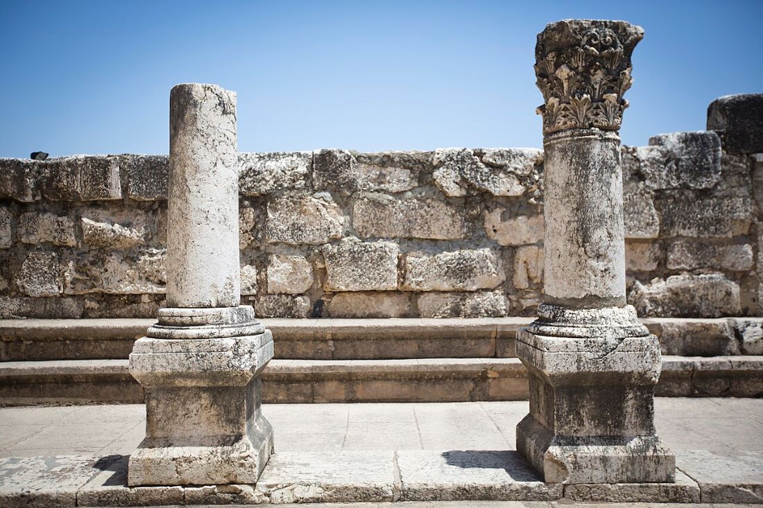 Capernaum's 4th-century synagogue (detail with columns and benches)