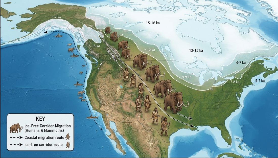Coastal migration route shown next to its main competitor, the Ice-free corridor migration route