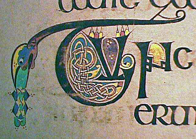Folio 74r, detail. Almost all of the folios of the Book of Kells contain small illuminations like this decorated initial