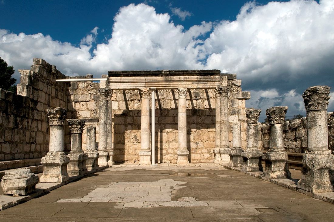 Ruins of the ancient Great Synagogue at Capernaum (or Kfar Nahum) on the shore of the Lake of Galilee, Northern Israel