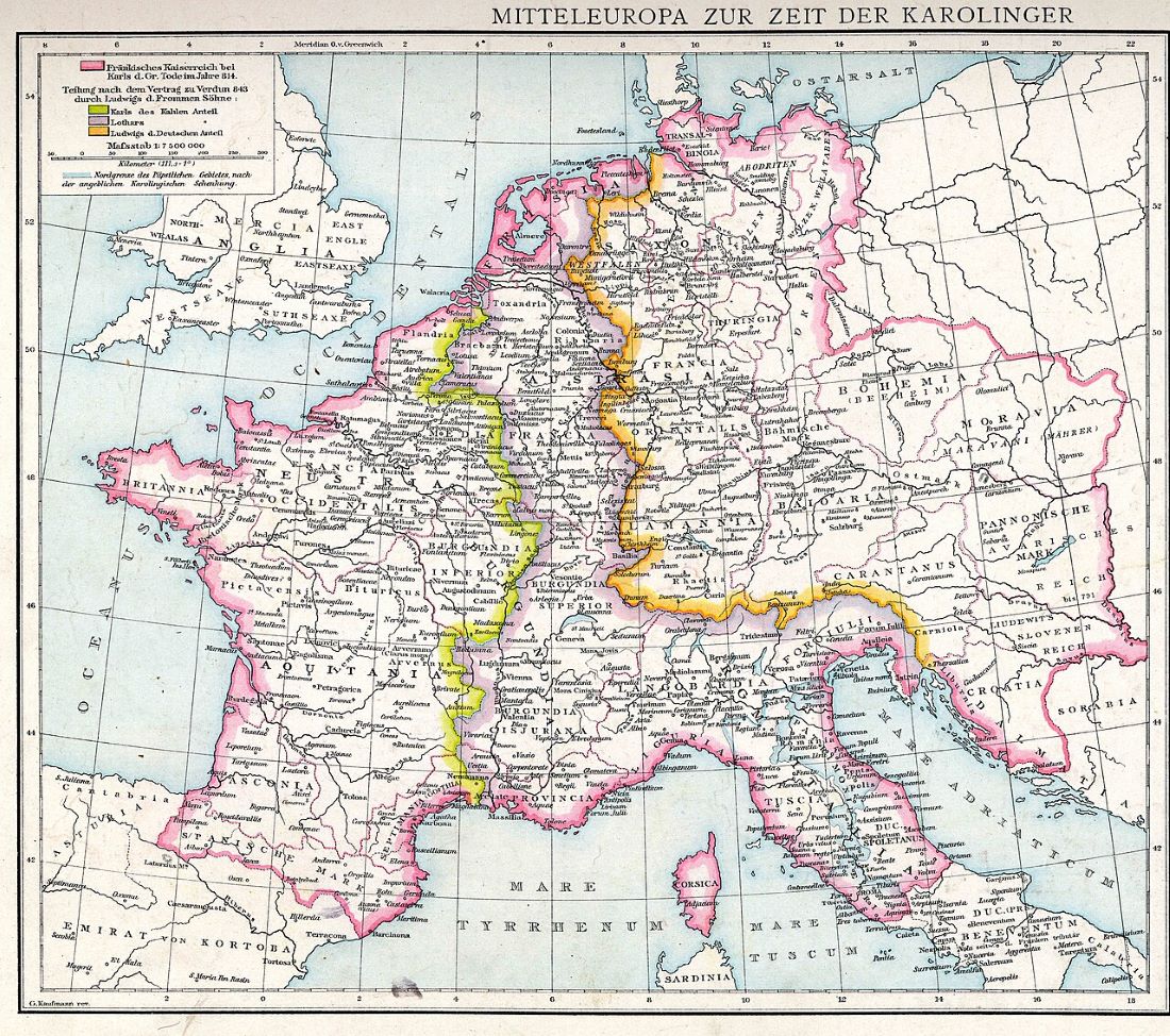 The Carolingian Empire at its greatest extent (814) and its later partition with the Treaty of Verdun (843)