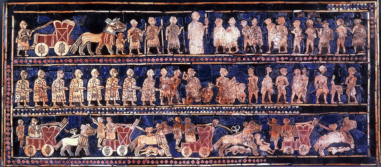The Standard of Ur mosaic, from the royal tombs of Ur, is made of red limestone, bitumen, lapis lazuli, and shell.