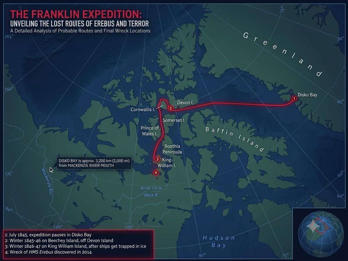 Map of the probable routes taken by HMS Erebus and HMS Terror during Franklin's lost expedition. Disko Bay is about 3,200 km (2,000 mi) from the mouth of the Mackenzie River. 