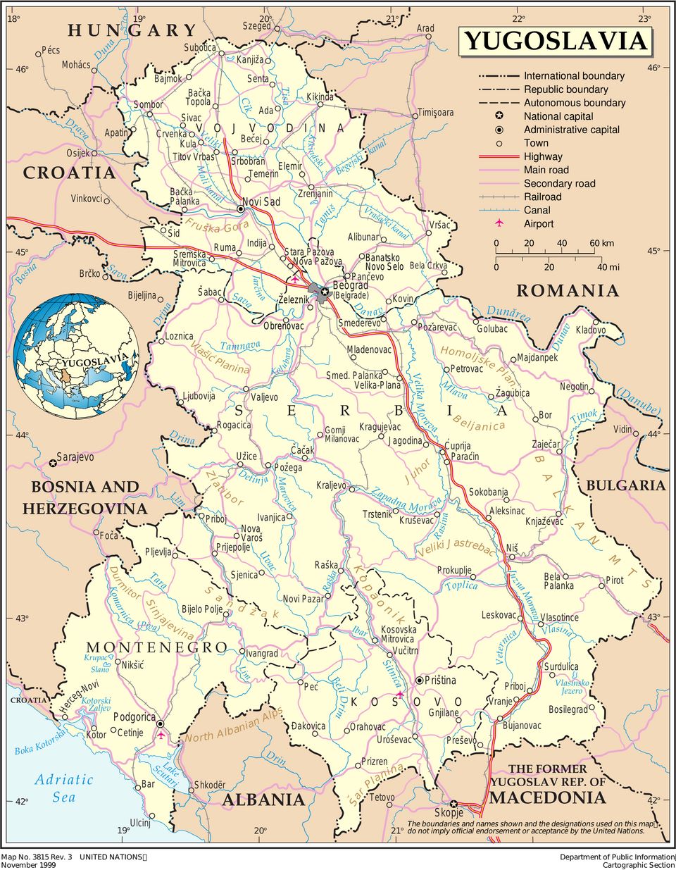 Map of the Federal Republic of Yugoslavia consisting of Serbia and Montenegro.