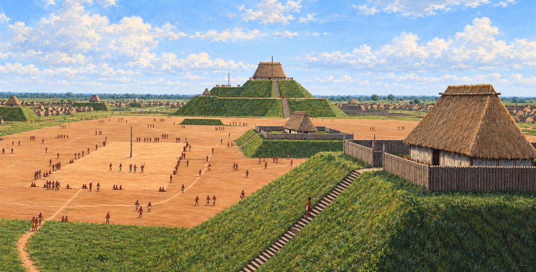 A possible reconstruction of Cahokia at its height, showing its monumental earthen mounds, vast central plaza, and surrounding settlement.